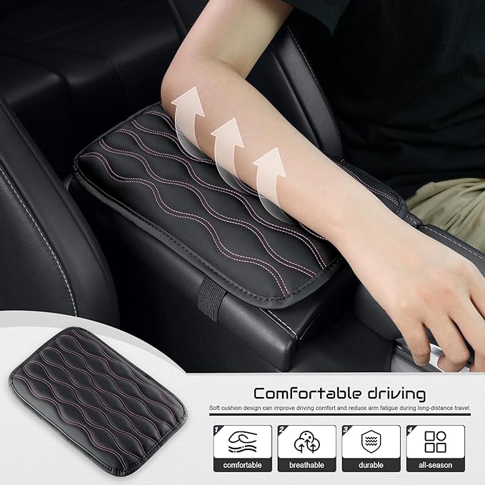 Amiss Auto Center Console Pad, Universal Waterproof Armrest Seat Box Cover, Car Interior Accessories, Leather Auto Armrest Cover Protector for Most Vehicle, SUV, Truck (Pink-Line)