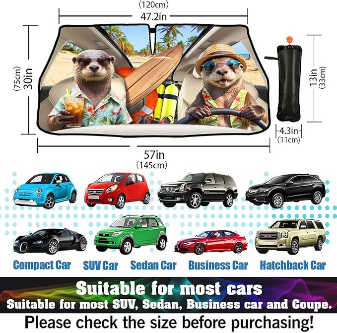 CHILL·TEK Funny Animal Car Windshield Sun Shade Umbrella, Funny Otters Car Sun Shade Umbrella, Block UV Rays Heat Foldable Windshield Umbrella Sun Visor Protector - Keep Vehicle Cool for Cars SUV
