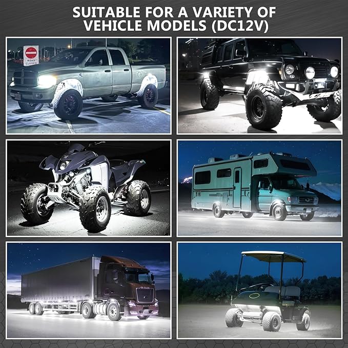 8 Pods Pure White LED Rock Lights, IP68 Waterproof Aluminum 6500K Bright White Underglow Light with Extension Cord Harness,12V Metal Fender Lights for Jeeps Trucks Off Road UTV ATV Car Golf SXS Etc