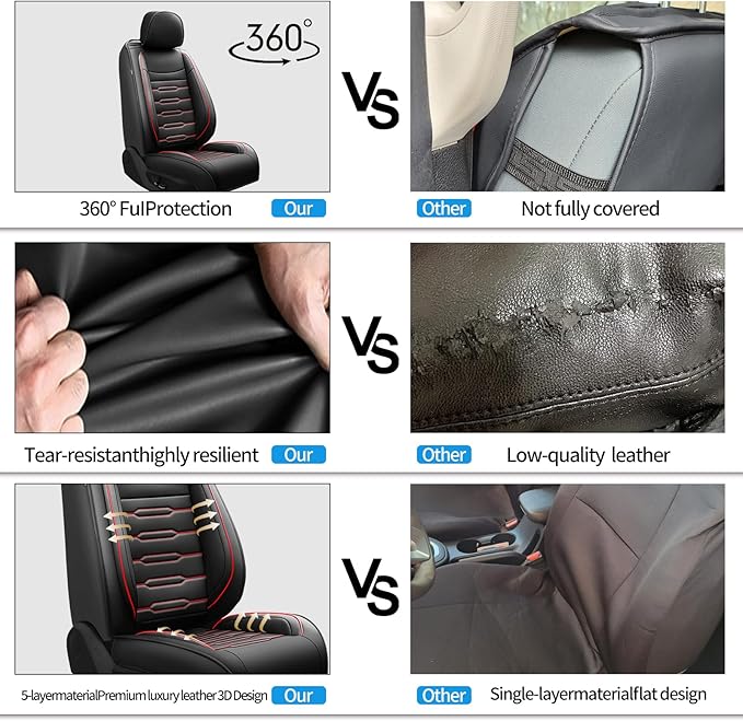 Fit Accord Car Seat Covers for Honda Accord 2003-2024 2025 2026 - Upgraded Premium Waterproof & Breathable Leather, Airbag Compatible, All-Weather Seat Cushion Protector (Full Set, Black+Red)
