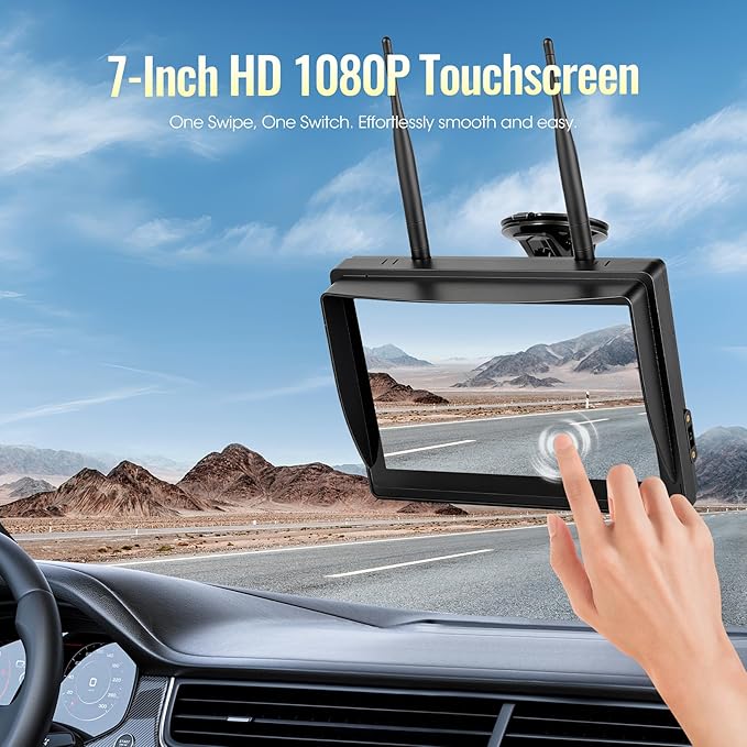 Wireless RV Backup Camera System 7" 1080P Touch Screen & 4 Cameras, Compatible with Furrion Pre-Wired Plug, DVR Monitor & Waterproof Night Vision Rear Side View Camera for Trailer Truck, A14