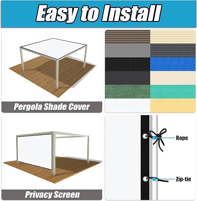 Amagenix 90% Pergola Shade Cover 5' X 14' Sun Shade Cloth with Grommets for Outdoor Garden Patio Porch, Commercial Grade 200 GSM - Cable Zip Ties Included (We Customized) GN108, White