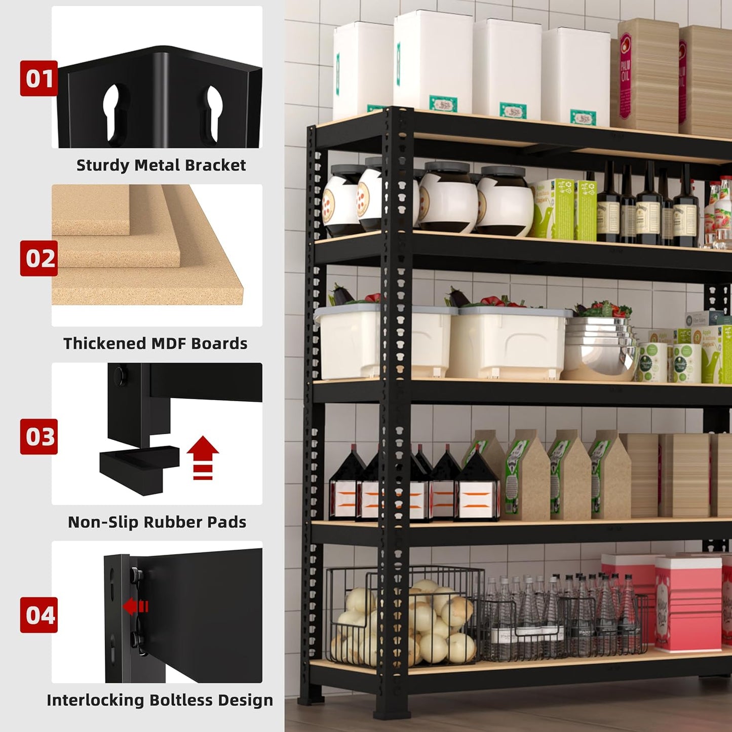 4 Packs 35.5" W x 16" D x 71" H Adjustable Garage Storage Shelves - 5-Shelf Heavy Duty Shelving Unit, Metal Utility Storage Organizer Racks for Warehouse Pantry Closet Kitchen, Black
