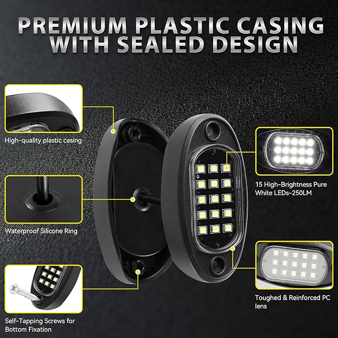 8 Pods White LED Rock Lights for with Switch Extension Harness, 6000K 24 LEDs Pure White Underglow Kit for Truck Trailer Offroad SUV UTV RZR, IP68 Waterproof Under Trail Rig Fender Lighting
