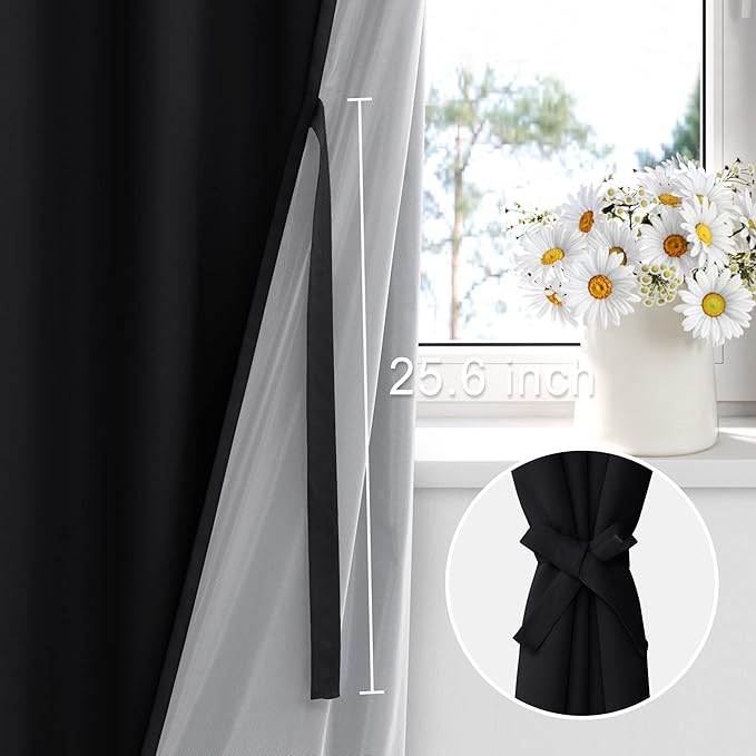 XWZO Full Shading Blackout Curtains 72 Inches Length - Heat and Light Blocking Ring Top Window Drapes with Black Liner Backing for Bedroom Sewn with Tiebacks, Black, W52 x L72, Set of 2