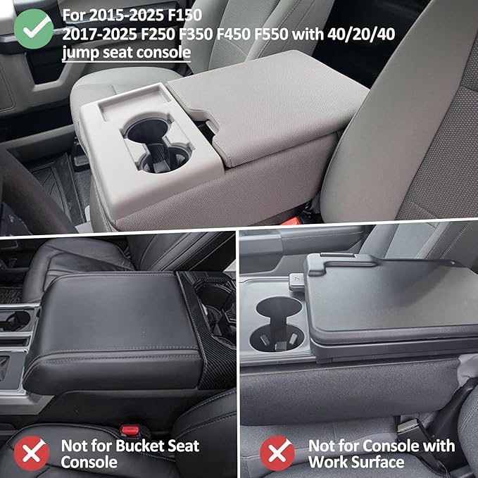 JDMCAR Armrest Cover Compatible with 2015-2024 2025 Ford F150 Accessories, 2017-2025 F250 F350 F450 with 40/20/40 Jump Seat, Customized Anti-Scratch Leather Armrest Lid Protector Pad (Jump Seat Only)
