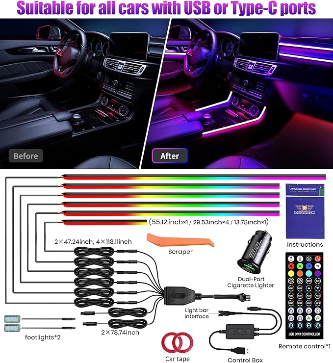 KENANEK 55.12inch Acrylic LED Lights for Car–6 Dreamcolor Interior Car LED Strip Light+2 Footwell Lights,3 Control Methods, Music Sync, Dual USB Cigarette Lighter, Universal Fit for Car/SUV/Truck