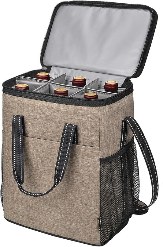 Tirrinia 6 Bottle Wine Gift carrier, Insulated Leakproof Padded Wine Cooler Carrying Tote Bag for Travel, Camping and Picnic, Perfect Wine Lover Gift, Beige