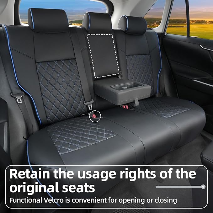 Lolcar Rav4 Seat Covers Custom Fit for Toyota Rav4 (for Hybrid) 2019-2025 LE,XLE,XLE Premium,Limited,Woodland Edition, Leather Truck Seat Cover Full Set for SUV,Faux Leather（Black with Blue Trim）