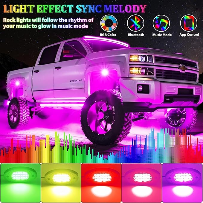 12 Pods RGB LED Rock Lights, Underglow Multicolor Neon Light Kit Wheel Well Light with APP Control & Music Mode, Under Glow Lights for Trucks,Jeep,SUV,Golf Cart,ATV,Pickup Off Road,12 V