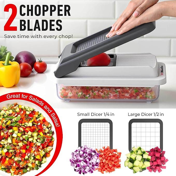 Mueller Vegetable Chopper Mandoline Slicer, Food Veggie Chopper, Cheese Grater, Onion Vegetable Cutter with Container, Dicer, Kitchen Gadgets & Essentials, White Sand/Grey