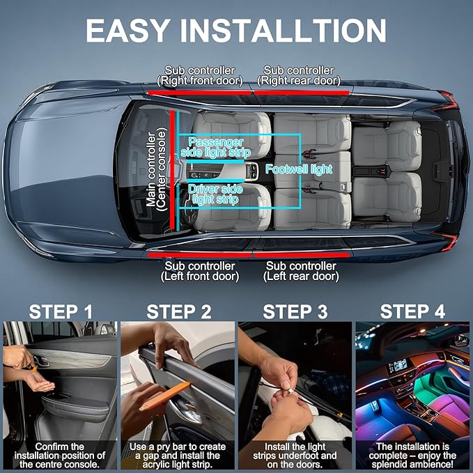 Dreamcolor Acrylic Interior Car LED Strip Lights, 10 in 1 Ambient Lighting Kit with Wireless APP, Dynamic Chasing Music Sync Fiber Optic Lights with DIY Mode, Car Inside Lighting Accessories