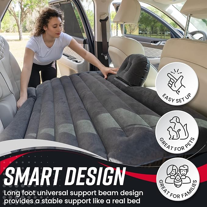 VaygWay Inflatable Car Air Mattress – Air Bed w/Pump Kit –Back Seat – Camping Vacation Blow up Bed Cushion - Sleeping Pad w/ 2 Pillows- 2 Pk Inflatable Car Mattress with Neck Pillow and Ear Plugs