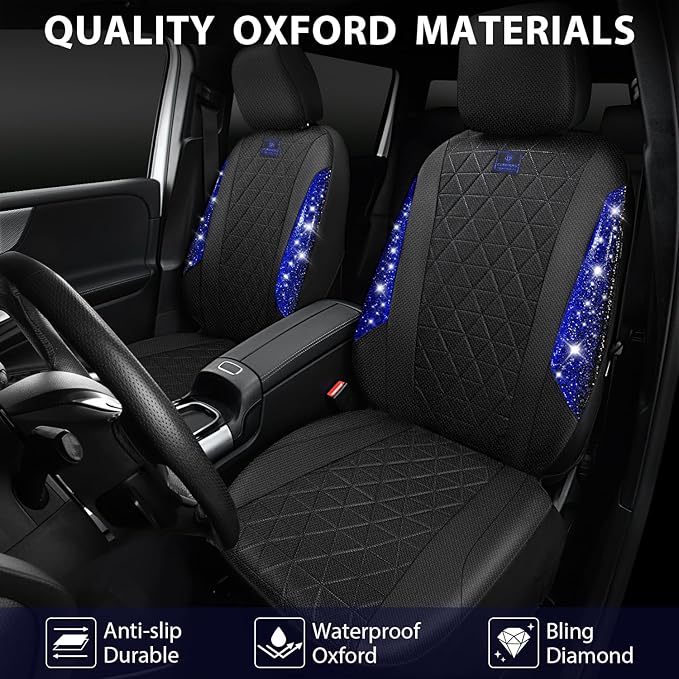 CAR PASS Oxford Bling Diamond Car Seat Covers 2 Front Interior Sets, Waterproof Shining Glitter Sparkly Crystal Universal Armrest Fit 95% Automotive Truck SUV Cute Women Girl, Black Blue Rhinestone