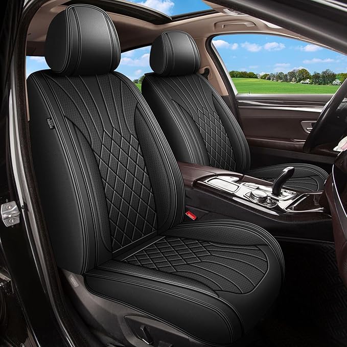 Car Seat Covers Front Pair for Hyundai Santa Fe 2007-2025 2026: Breathable Perforated Leather Seat Cover (Black)