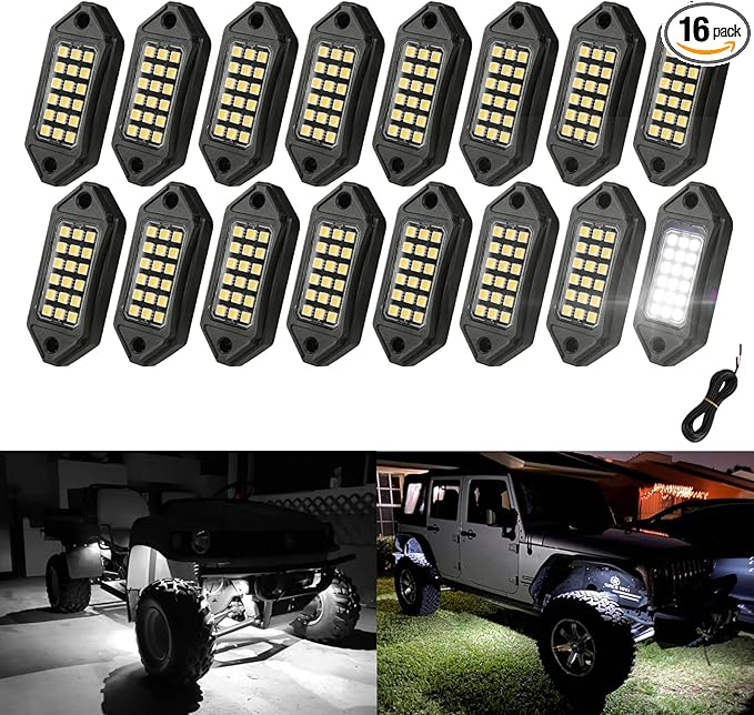 SUNPIE White Rock Lights, 16 Pods LED Rock Lights Underglow kit IP67 Waterproof Underglow Light kit for Trucks Car Jeep ATV UTV SUV Pickup Off Road RZR Under Body Glow Light Trail Lighting