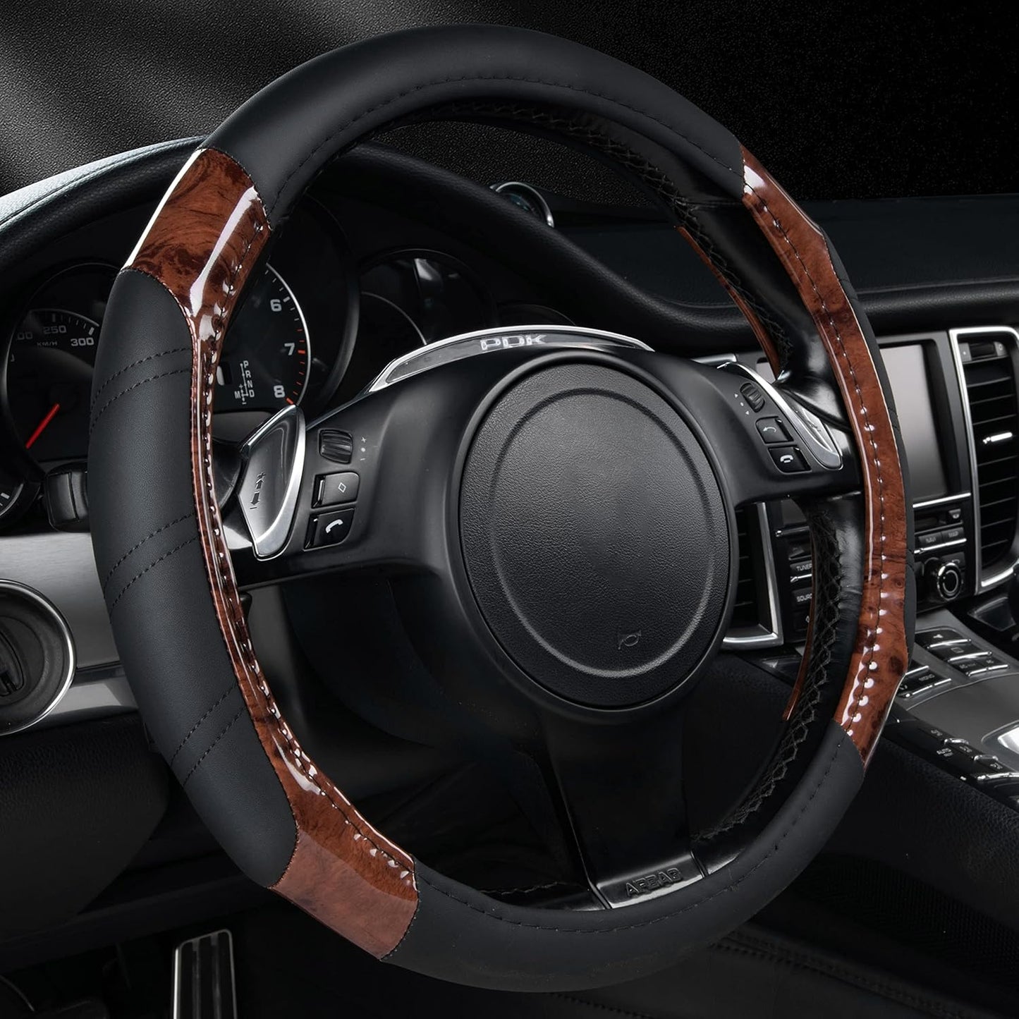 CAR PASS Wood Grain Microfiber Leather Sporty 14.5-15 inch Steering Wheel Cover Universal Fits for 95% Truck,SUV,Cars, Anti-Slip Safety Comfortable Design (Black Wood Grain)