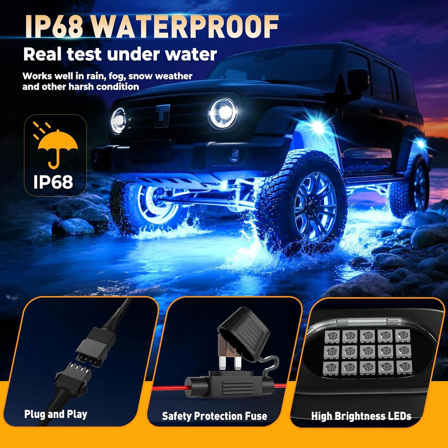 Honalia LED Rock Lights for Trucks 6 pods, RGB Truck Rock Lights with Bluetooth Control, Neon Light Kits for ATV UTV Golf Cart RZR