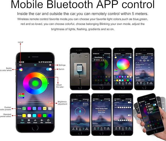 Car Interior Ambient Lighting Optic Fiber RGB 64 Colors Multicoloured Music Car Footwell Lighting Kit with Cigarette Lighter and App Microphone, 12-24V 6m