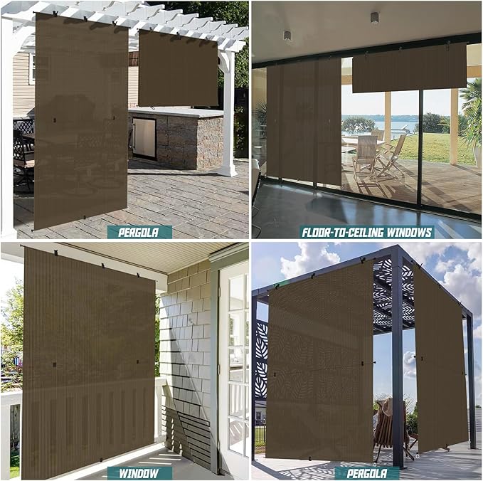 Bynbbur 8'W x 8.5'H Outdoor Patio Shades Foldable Roller Blinds, 220 GSM Sun Shade Roll Up Porch Screens Exterior Shade Cloth for Deck Pergola Backyard, Brown