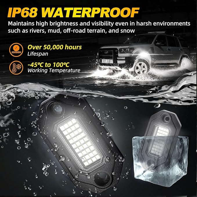 8Pods Metal Bright Pure White LED Rock Lights Kit,Per pod provided 15FT Power Cord,6500K 36LEDs Neon Underglow Light Aluminum Waterproof Fender Lights for Trucks Trailer Jeep Off Road ATV UTV
