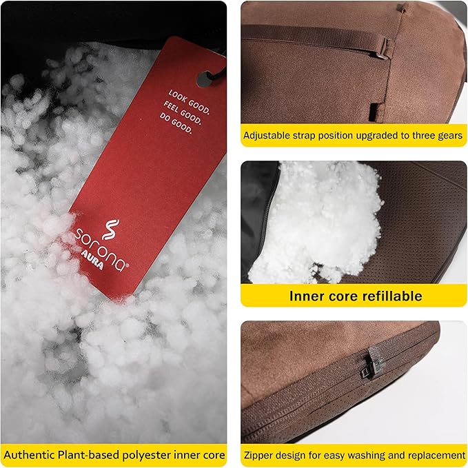 Genuine Leather Car Neck Pillow for headrest,Support Drive Seats Head Cushion,Real Cow Leather,11.8x7.5”,Plant-Based Polyester,Thickness & Height Adjustable,Inner Liner fillable(Black,1p)