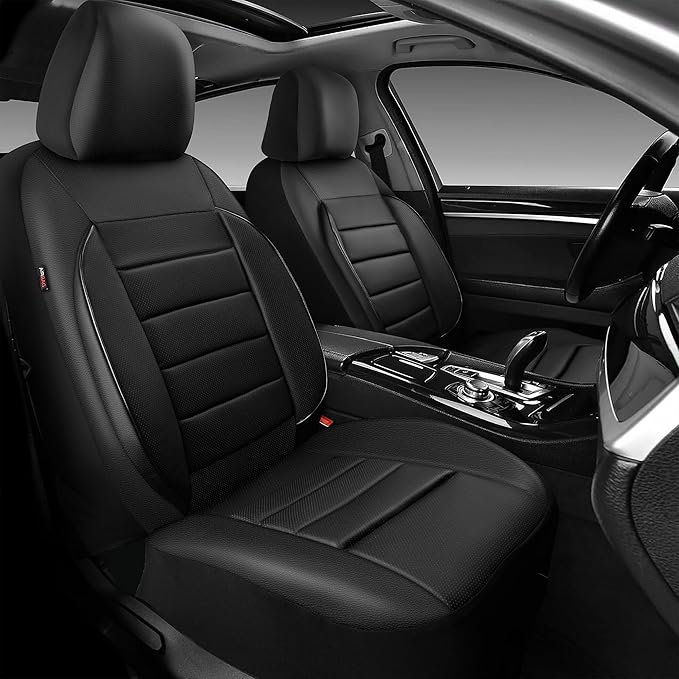 CAR PASS Faux Leather Car Seat Covers Front Seats Only, 3D Foam Support Car Seat Covers, Universal fit for Trucks Vans SUVs Sedans Automotive Comfortable, Airbag Compatible 2 Pieces Front Solid Black