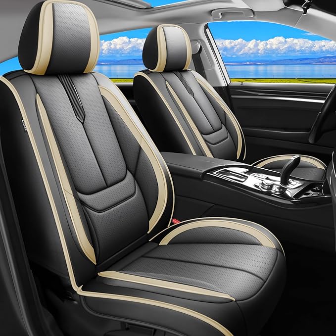 Fit Tucson Car Seat Covers for Hyundai Tucson 2010-2024 2025 2026 -Upgraded Premium Waterproof & Breathable Leather,Airbag Compatible,All-Weather Seat Cushion Protector,2 Front/Black-Beige