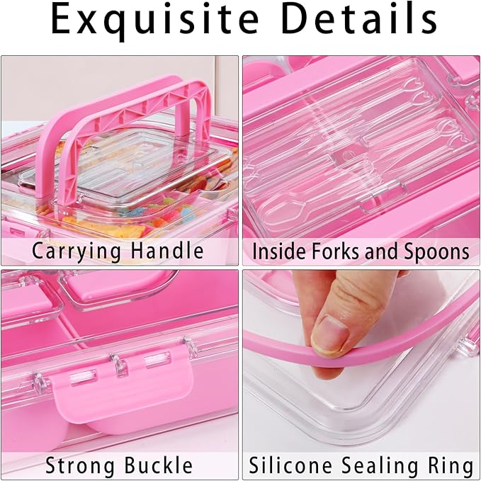 Snack Box Container with Insulated Cooler Bag, Divided Serving Tray with Lid and Handle Beach Essentials, Snackle Box Veggie Fruit Tray with 8 Compartments & 8 Forks & 2 Spoon Pink