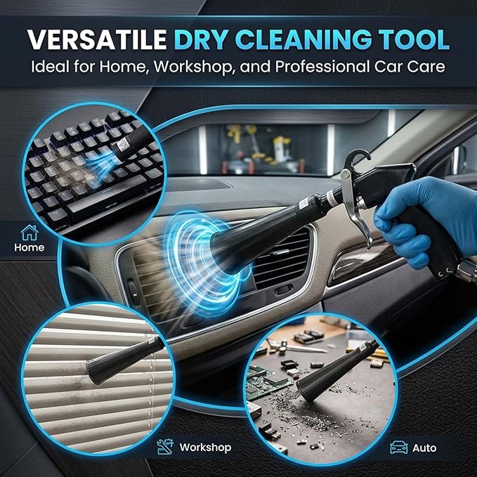 RAINPOT Saker Car Dry Cleaning Tool,60-160 PSI Compressed Air Tool for Auto Interior Cleaning, Pneumatic Duster Tool with Fine Nozzle for Vents, Crevices, and Dashboards (2 Upgrade Set Nozzle)