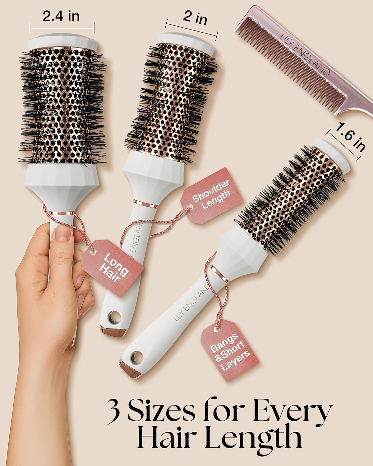Lily England Round Hair Brush Set, 4 Piece Professional Blow Dry Kit with 3 Round Brushes and Comb for Styling, Beauty Gifts Sets for Women (White)