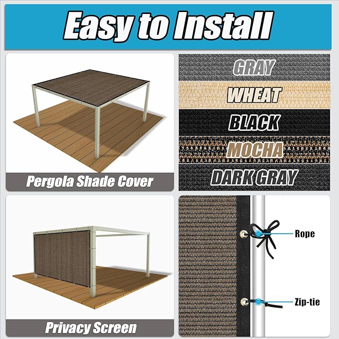 Amagenix 90% Shade Fabric 9'X 11' Mocha Sun Shade Cloth with Grommets for Pergola Replacement Shade Cover Canopy, Heavy Duty, Cable Zip Ties Included (We Customized)
