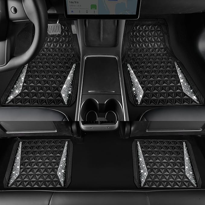 CAR PASS Bling Diamond Car Mats Rubber Floor Mats Full Set Anti-Slip 3D Rhombus Waterproof Trim to Fit Liner Universal Glitter Crystal Sparkly Shining Rhinestone Girl Women SUV Sedan Van, Black Silver