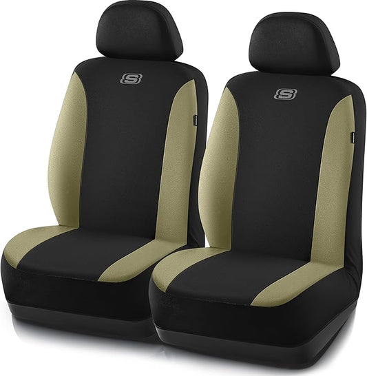 Skechers Seat Covers, Premium Breathable Polyester Seat Covers, Car Seat Covers Front Seats Airbag Compatible, Automotive Comfort for Most Cars, Vans, Trucks, SUVs (Two Front, Beige)