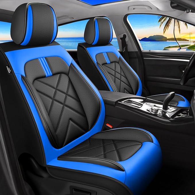 Car Seat Covers Fit for Mazda 3 2007-2026, Premium Leather, Full Coverage Leather Waterproof Breathable Seat Covers, Automotive Seat Protectors, Airbag Compatible(2 Front Seats, Black-Blue)