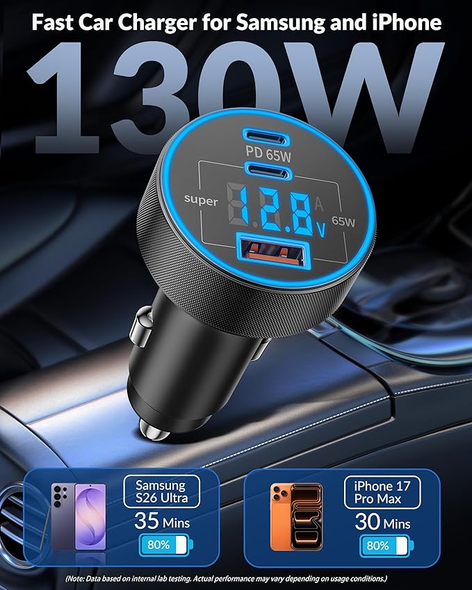130W 3-Port USB C Super Fast Car Charger (with Voltage Display) for Samsung Galaxy S26/S25/ S24/S23/S22 Ultra/Z Fold/Flip, Android Phone, Type C Car Charger Adapter Accessories + 240W 3FT USB C Cable