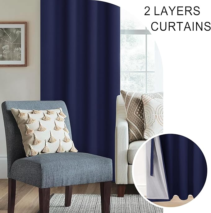 XWZO Full Shading Blackout Curtains 84 Inches Long with Tiebacks- Heat and Light Blocking Ring Top Window Drapes with Black Liner Backing for Bedroom/Kid's Room, Navy Blue, W52 x L84, Set of 2