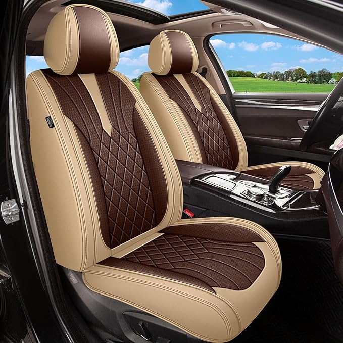Breathable Car Seat Covers for Honda Pilot 2005-2016, Front Seats, Perforated Leather, Seat Protector, Interior Trim for Honda Pilot Accessories (Beige&Brown)