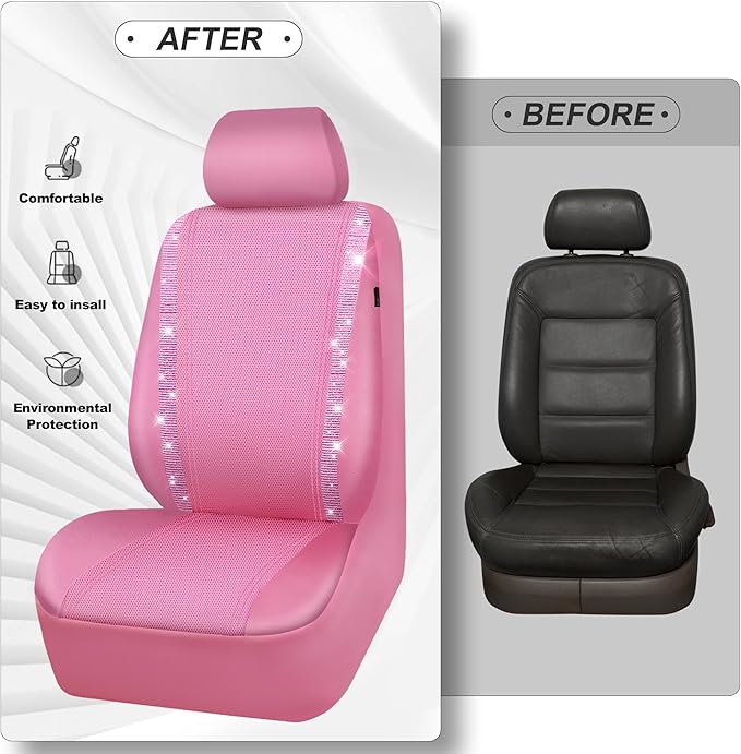CAR PASS Bling Diamond Car Seat Covers, Shining Rhinestone Waterproof Faux Leather Pink Car Accessories Two Front Only Universal Fit Auto Glitter Crystal Sparkle Strips for Cute Women Girl, Pink