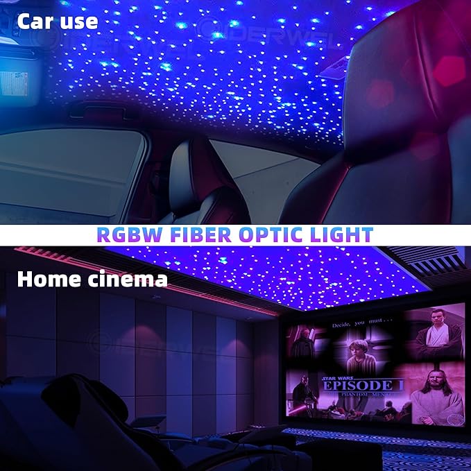 Twinkle Fiber Optic Lights,Bluetooth APP/Remote/Music Activate Starlight Headliner Kit with RGBW LED Light Engine,300pcs 9.8ft 0.03in Optic Fiber Cable for Car/Home/Party Star Light Ceiling