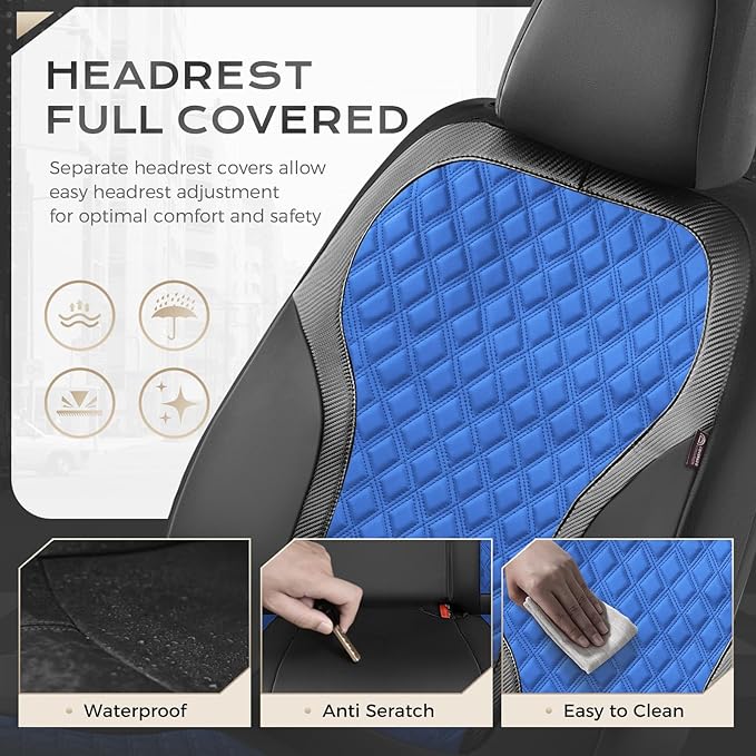 Coverado Seat Covers Full Set, Luxury Diamond Leather Car Seat Cover with Carbon Fiber Textured Design, Waterproof Car Seat Protector, Black&Blue Front and Rear Seat Covers Universal Fit Most Cars