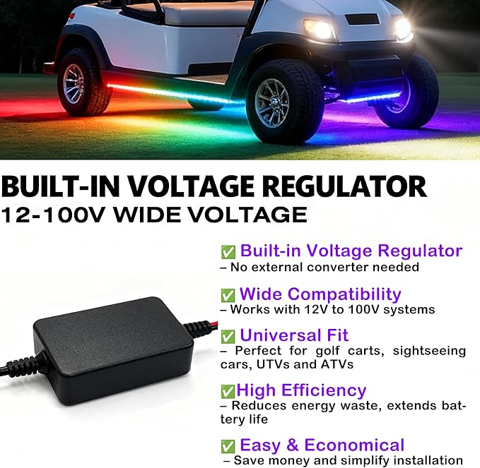 4PCS Golf Cart Underglow LED Light Kit with Built-in 12V-80V Voltage Reducer, APP & Remote Control, Sound Active Music Sync, IP67 Waterproof, Battery Drain Protect, for EZGO Yamaha Club Car