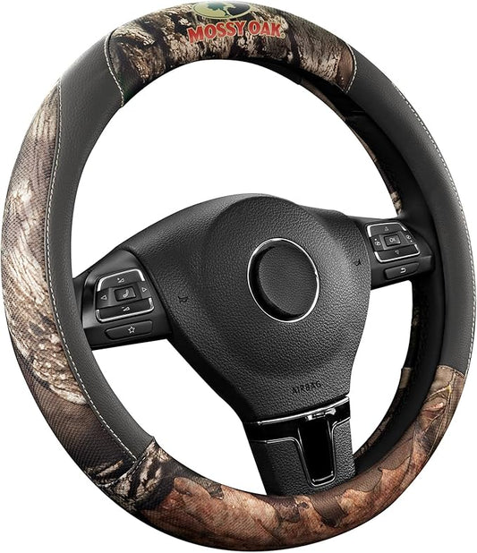 Mossy Oak Full Camo Steering Wheel Cover - Made from Premium Leather, Universal Fit for 14 1/2 to 15 inches - Official Licensed Product - Gray Color