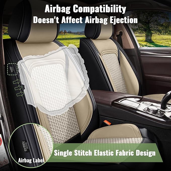 Car Seat Covers Front Seats for Toyota Avalon 2001-2025 2026 - Breathable Cooling Ice Silk Leather Seat Cover - 2 Seats for Toyota Avalon Accessories (Black&Beige)