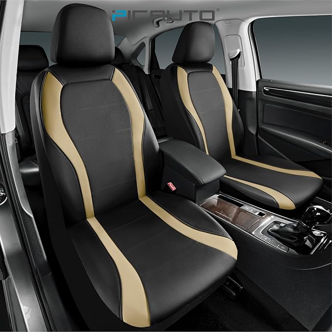 PIC AUTO Leather Car Seat Covers, Premium Automotive Waterproof Front & Rear Full Set Bucket Car Seat Protectors, Black and Beige PVC Patchwork, Fits for Cars, Trucks, Van, SUV, Airbag Compatible