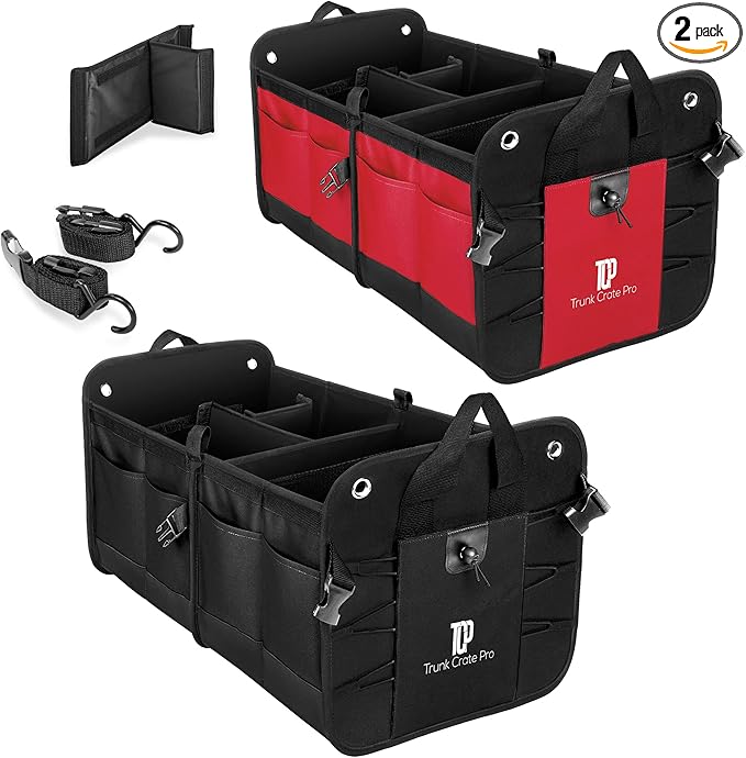 TRUNKCRATEPRO Save 15 per cent off bundle of 2 Collapsible Multi-Compartment Trunk Organizer Multi-Compartment storage for men and women (Black and Red)