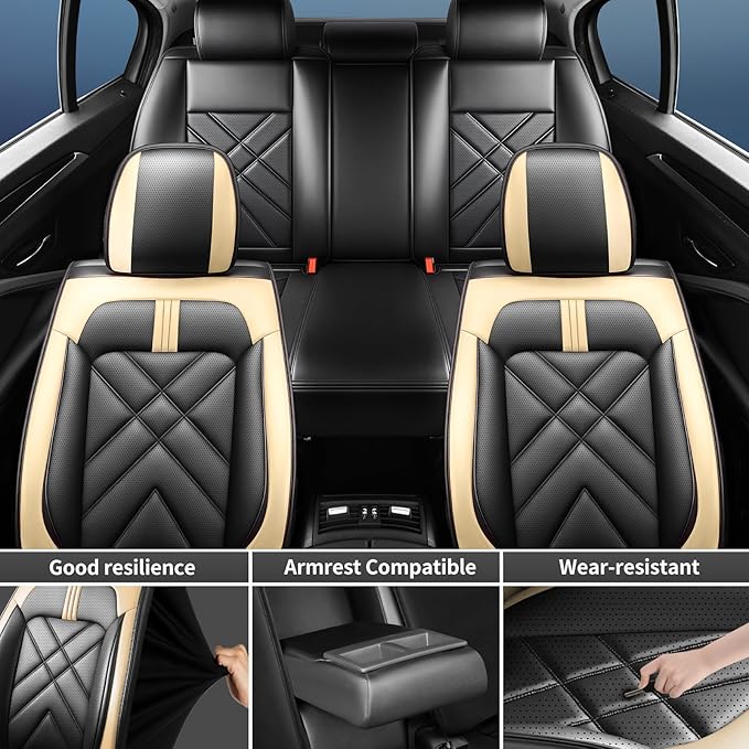 CX-5 Car Seat Covers Custom Fit for Mazda CX-5 2013-2025 2026, Full Coverage Leather Waterproof Breathable Seat Cover, Automotive Seat Protectors, Airbag Compatible(Full Set Seats, Black Beige)