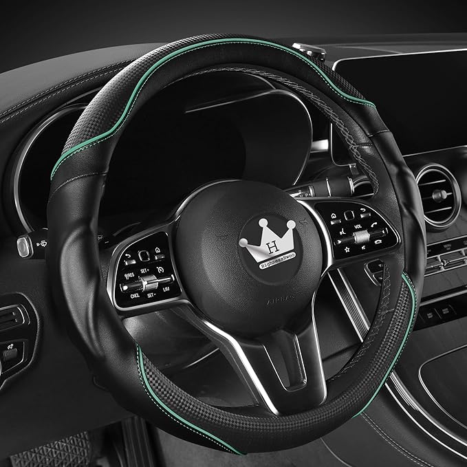 3D Car Steering Wheel Cover Comfort Grip Massage Sporty Anti-Slip Carbon Fiber Faux Leather for F150, Trucks, Jeep, Van, Car Handle Covers for All Seasons, 15.2-16in, Green