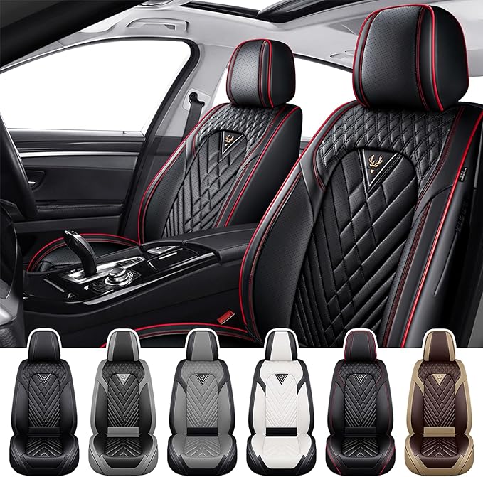 Truck Seat Covers for Ford F150 2009-2026, Waterproof Premium Leather Full Coverage Car Seat Cover, Muscle Sport Style Auto Interior Seat Cover Sets (Front Set/Black Red)