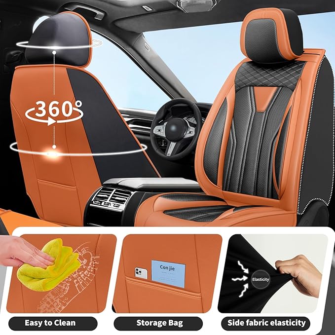 Fit Accord Car Seat Covers Premium Leather for Honda Accord 2012-2025 2026. Waterproof， Breathable, Scratch-Resistant & All-Weather Seat Cushion Protector（Full Set,Orange&Black